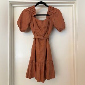 Karina Grimaldi Terracotta Puff-Sleeve Midi Dress with Waist Tie